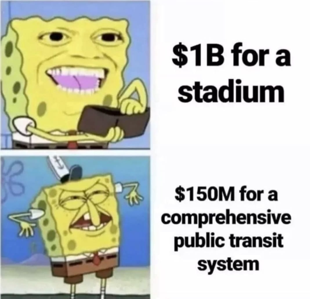 This meme is a humorous comparison between the cost of a stadium (approximately $1 billion) and the cost of a comprehensive public transportation system (approximately $150 million). The meme uses a character from the animated TV show "SpongeBob SquarePants" to illustrate the absurdity of prioritizing a stadium over a public transportation system. The text in the meme reads: "$1B for a stadium, $150M for a comprehensive public transit system".